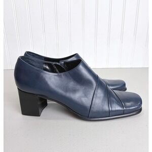Gianni Bini Womens Navy Blue Leather Square Toe Block Heel Booties Shooties 9M